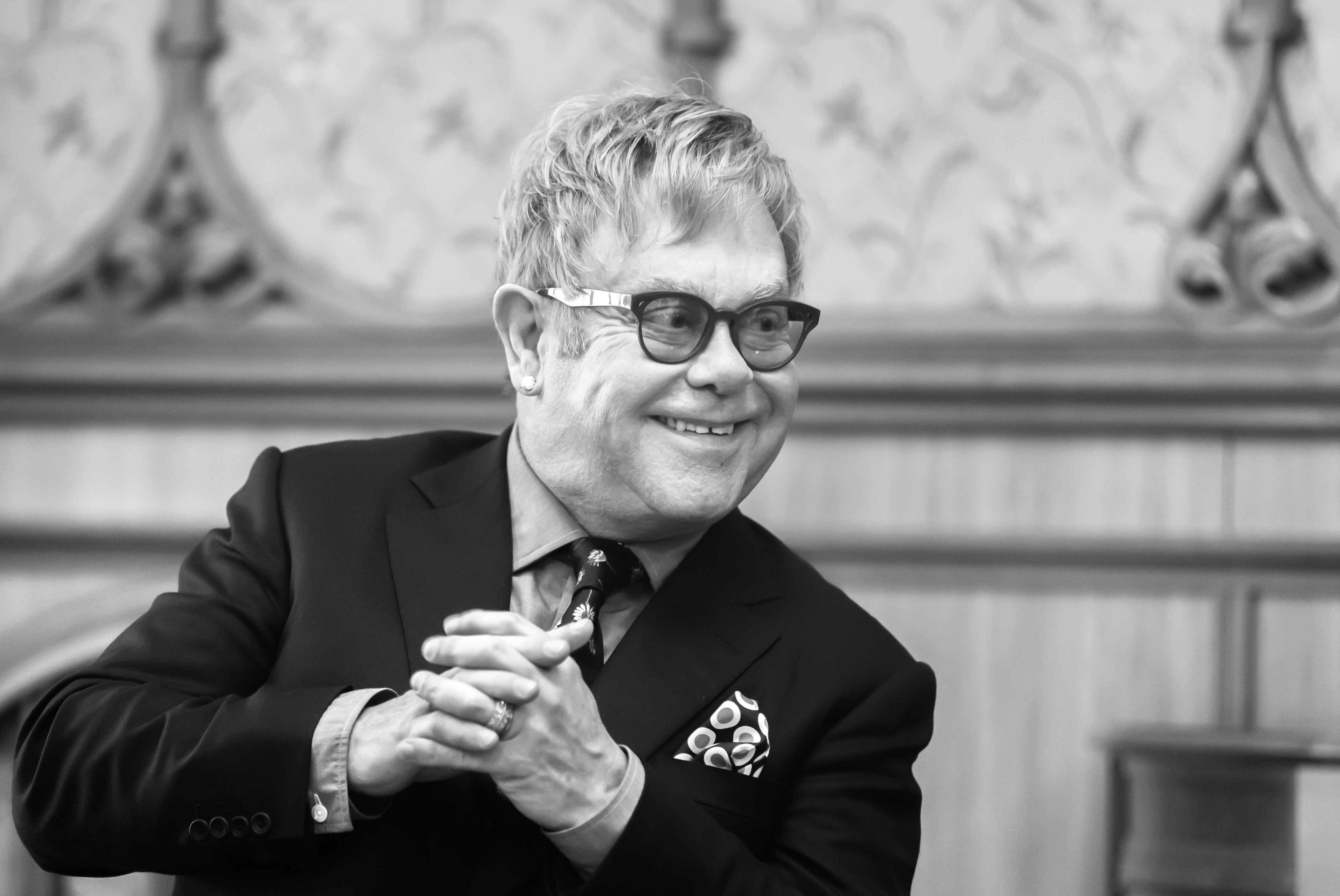 Black and white portrait of world-famous musician, composer and singer Elton John - 2015