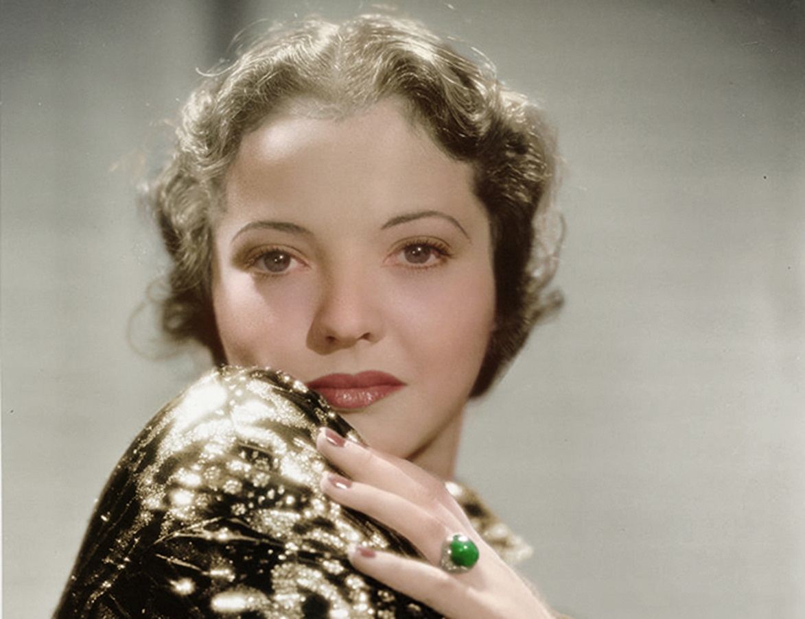 Portrait of Sylvia Sidney looking at camera.