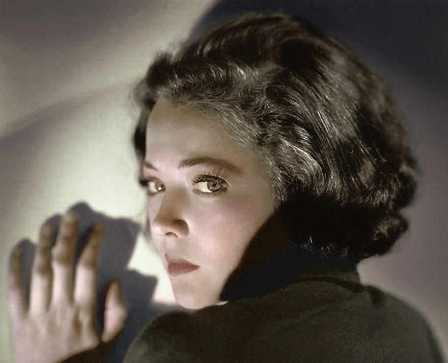 Portrait of Sylvia Sidney looking at camera.