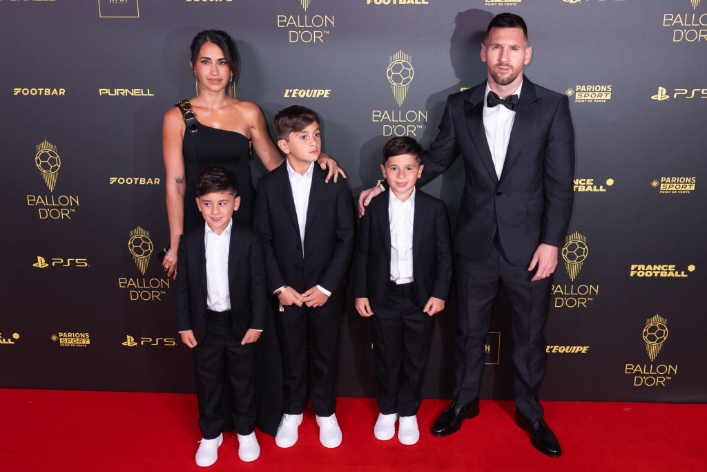 Antonela Roccuzzo, Lionel Messi and their sons attend the 67th Ballon D'Or Photocall
