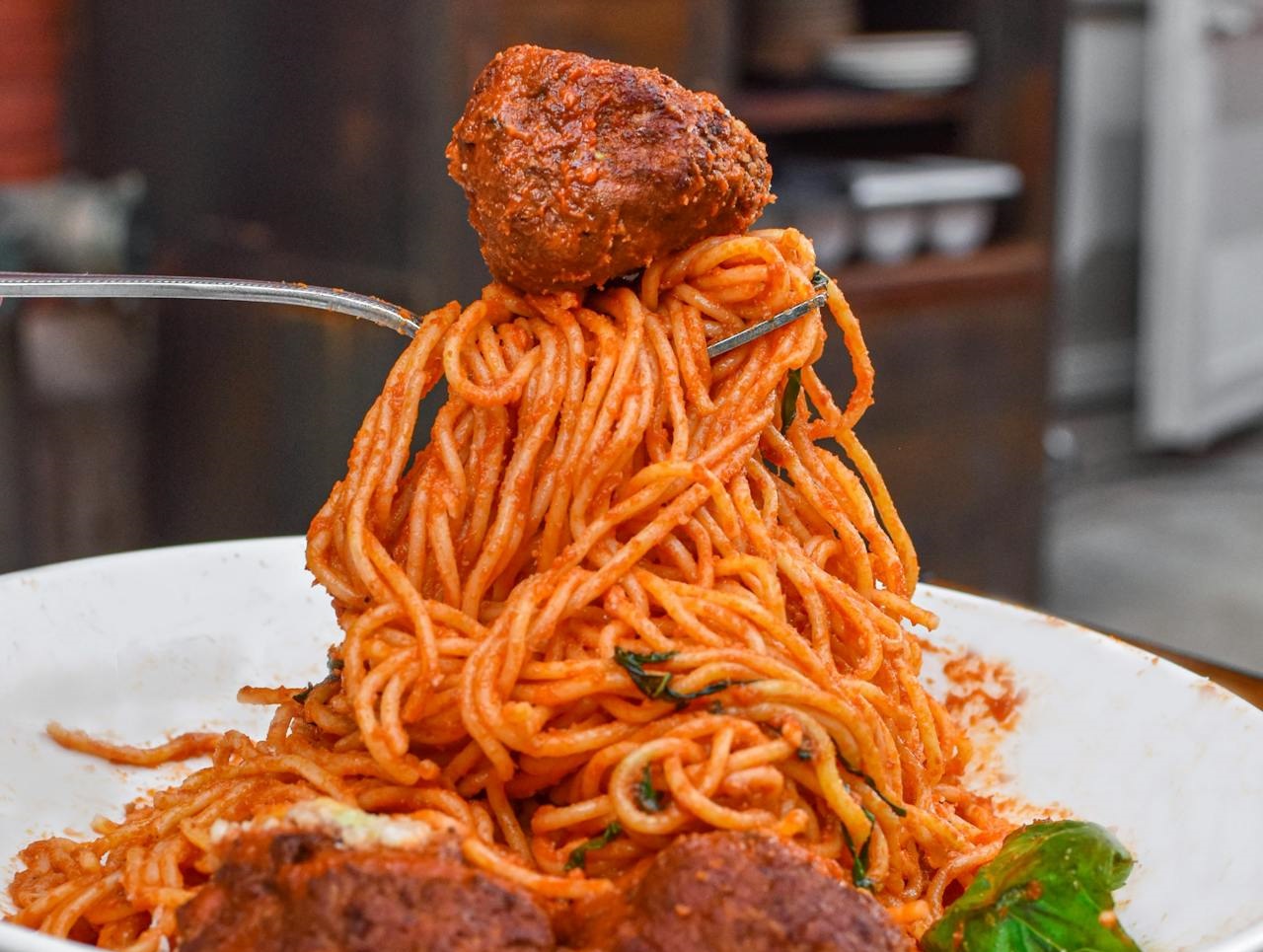 Spaghetti with Meatballs on Ceramic Plate