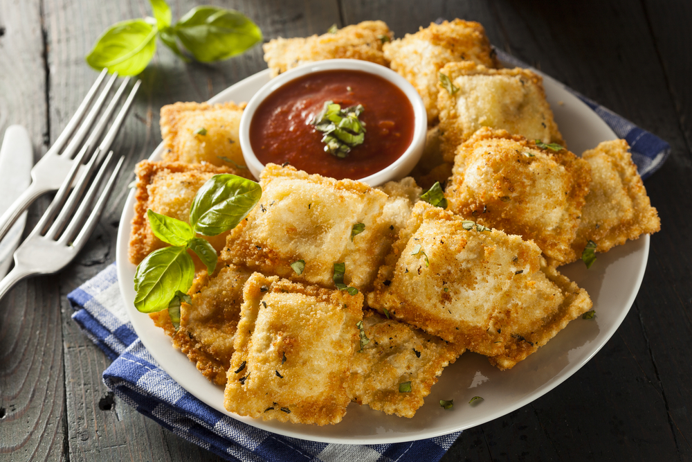 Homemade Fried Ravioli with Marinara Sauce and Basil