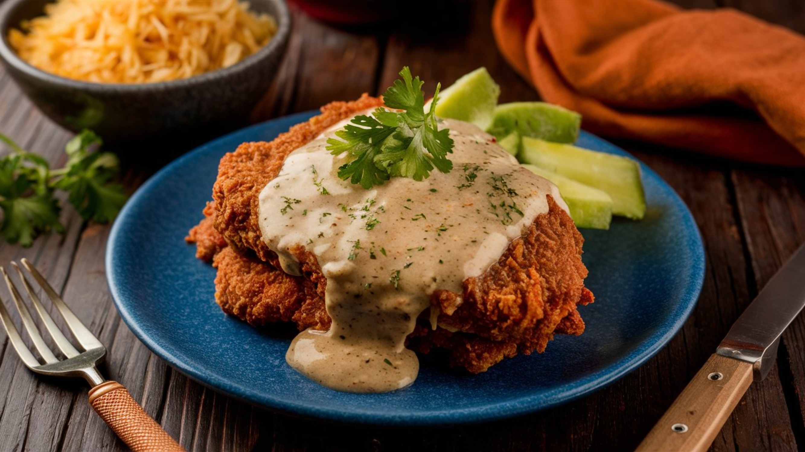 Chicken Fried Steak: Breaded and fried beef steak smothered in creamy, peppery gravy.