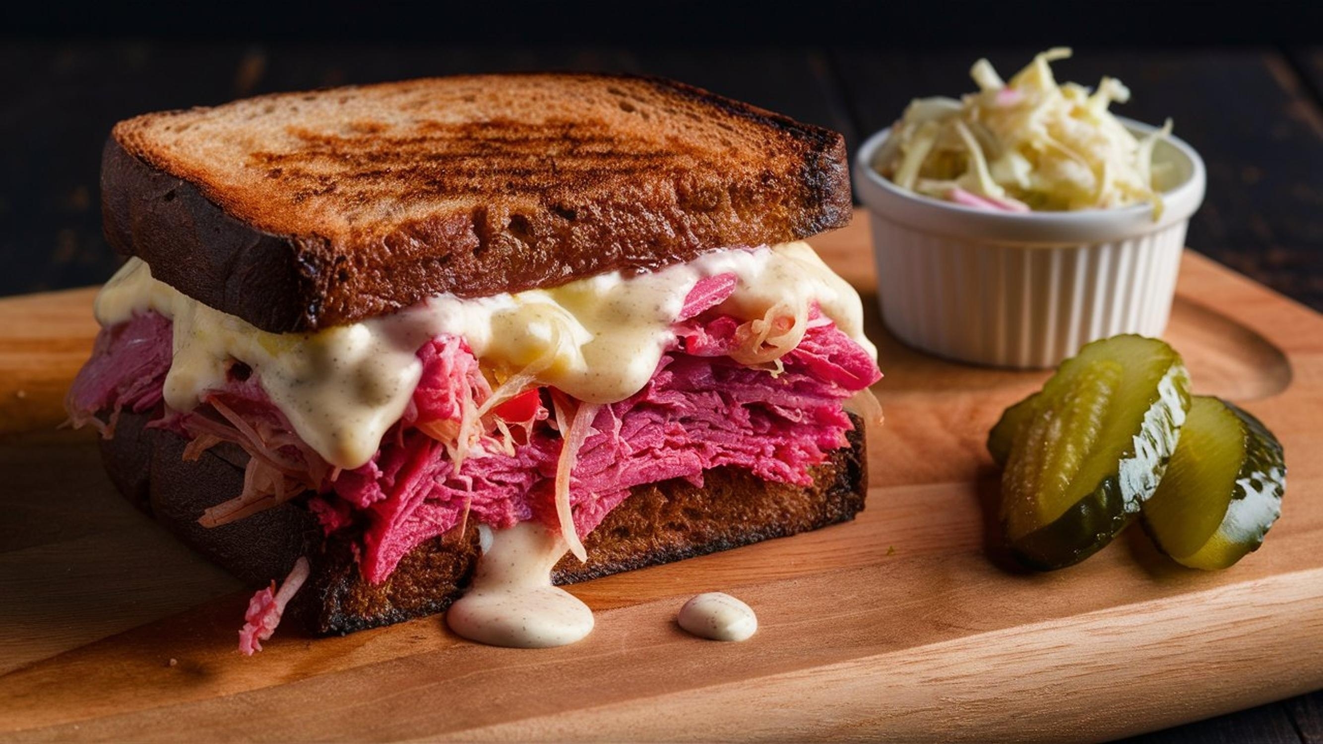 Reuben Sandwich: Savory corned beef layered with Swiss cheese, sauerkraut, and Thousand Island dressing, grilled between rye bread for a tangy, satisfying bite.