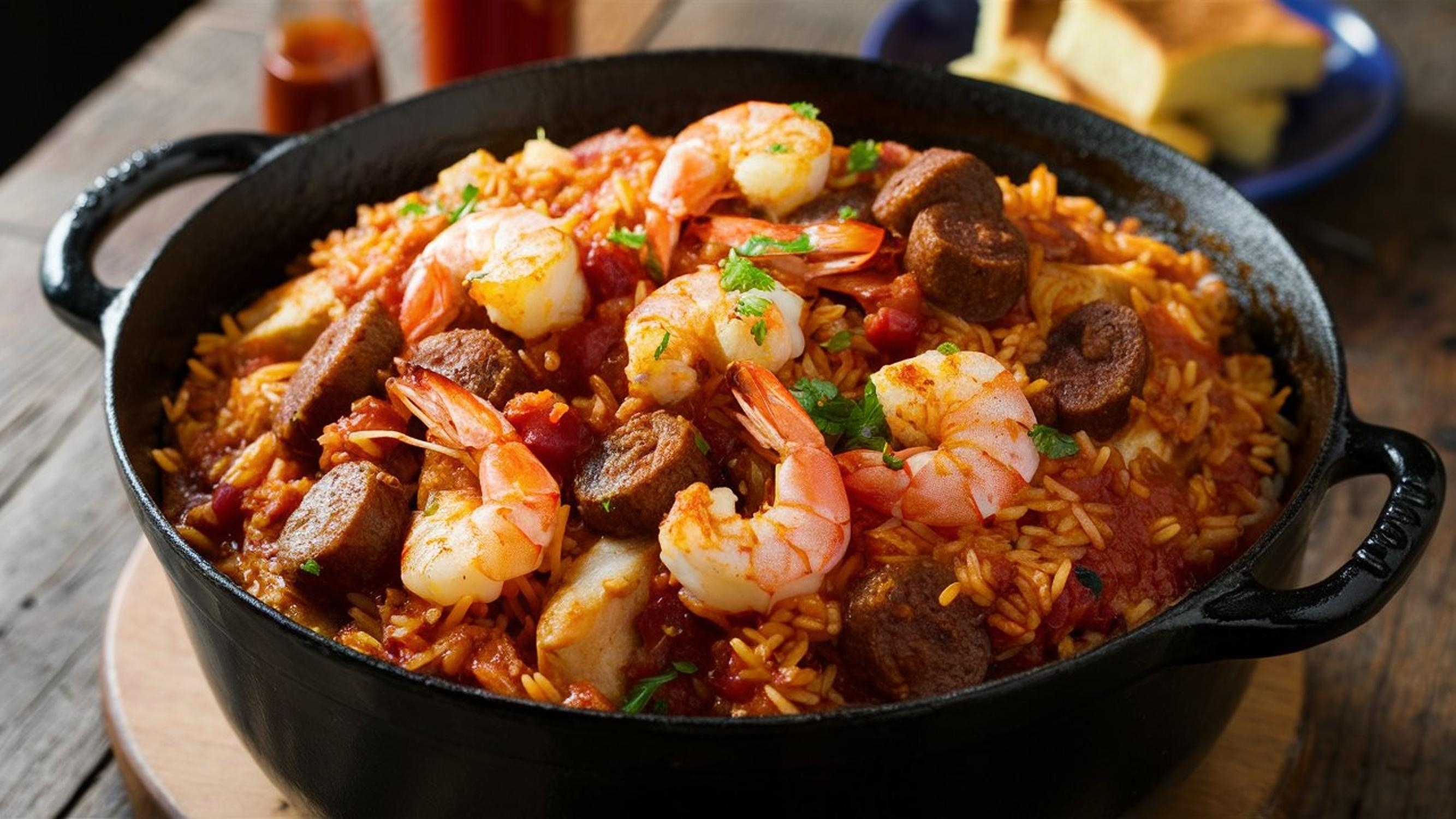 Jambalaya: A flavorful one-pot dish of rice, spicy sausage, shrimp, and veggies.