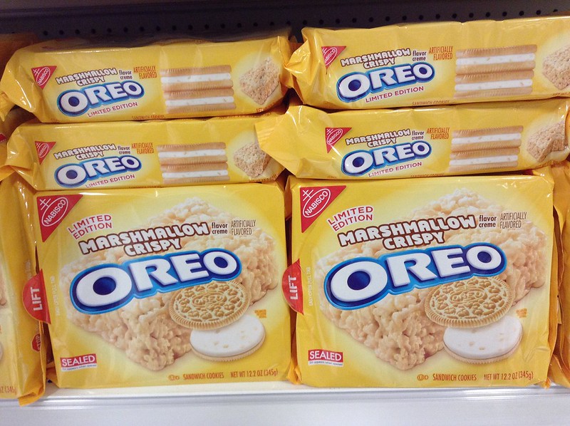 Marshmallow Crispy Rice Creme Filling Oreos on a market rack
