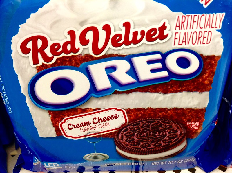 Red Velvet Oreo Cookies placed on a market rack