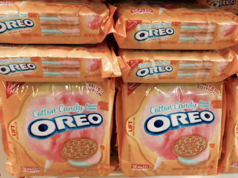 Cotton Candy Flavor Oreo Cookies placed on a market rack