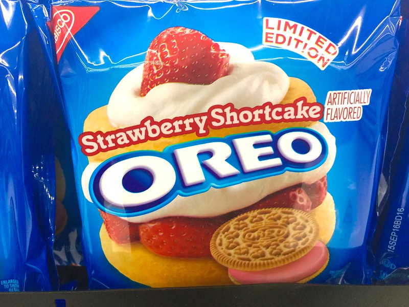 Strawberry Shortcake Oreo Cookies placed on a market rack