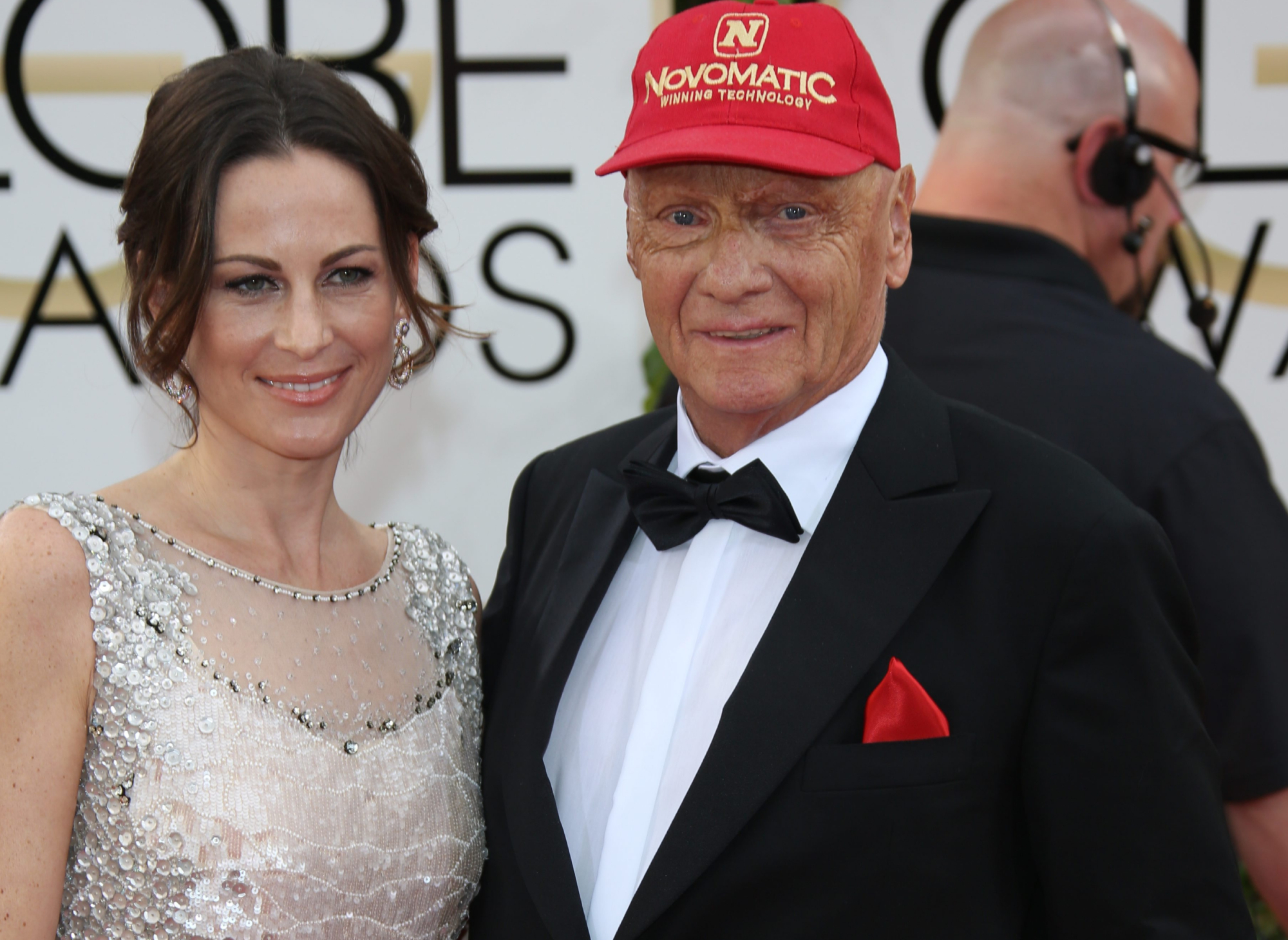 Niki Lauda and wife Birgit Wetzinger attend the 71st Annual Golden Globe Awards
