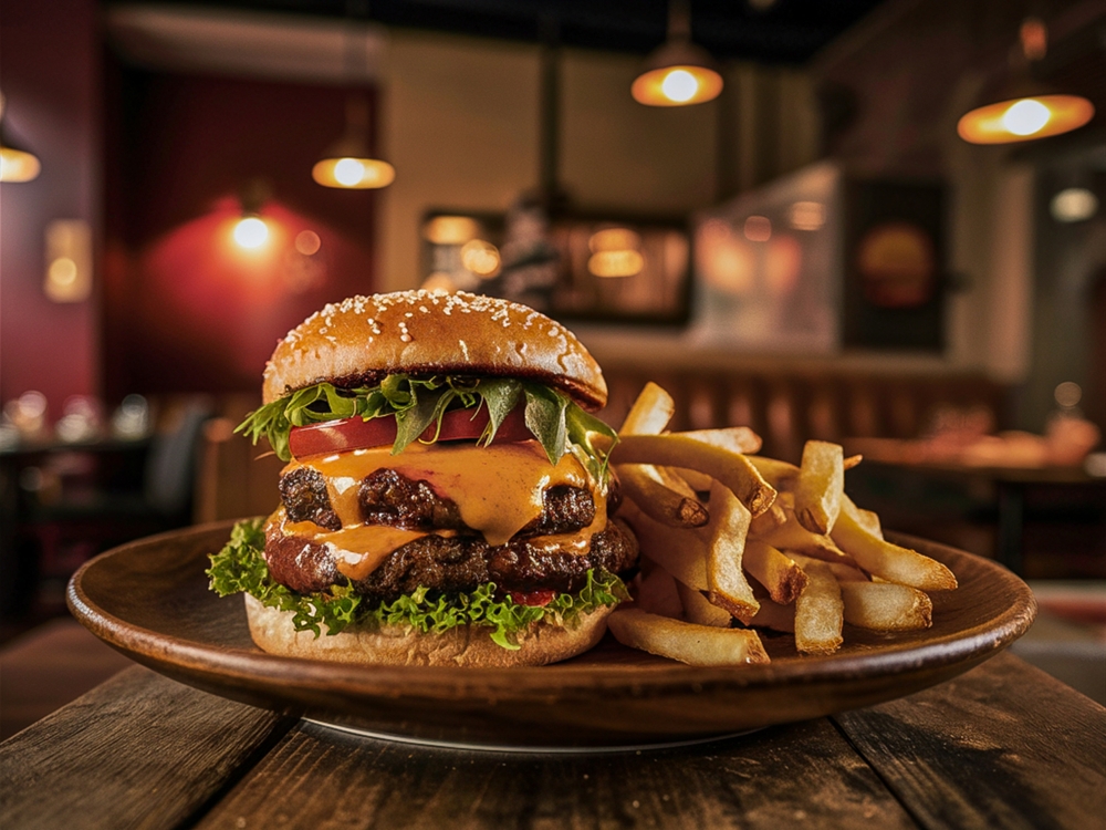 Burger with fries on wooden plate