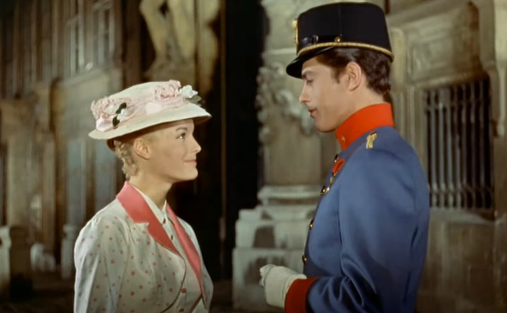 Screenshot from the movie Christine (1958) showing Romy Schneider and Alain Delon