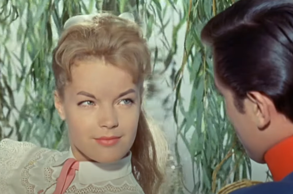 Screenshot from the movie Christine (1958) showing Romy Schneider and Alain Delon
