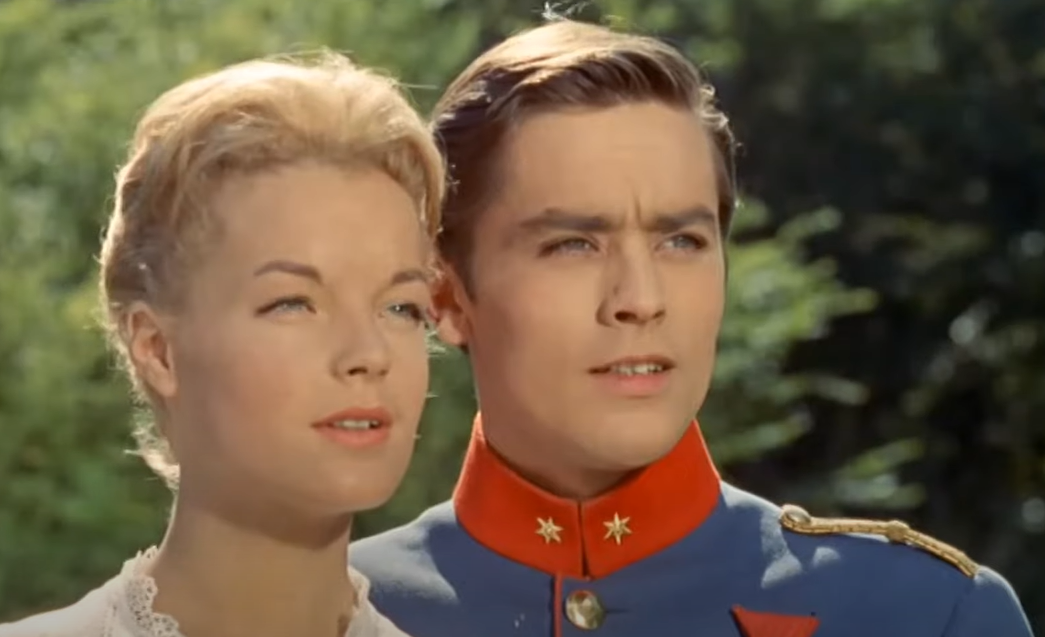 Screenshot from the movie Christine (1958) showing Romy Schneider and Alain Delon