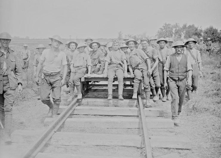 British troops laying on a light railway