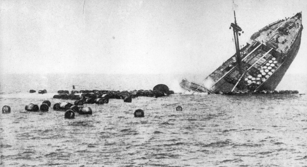 A Sinking ship in the sea.