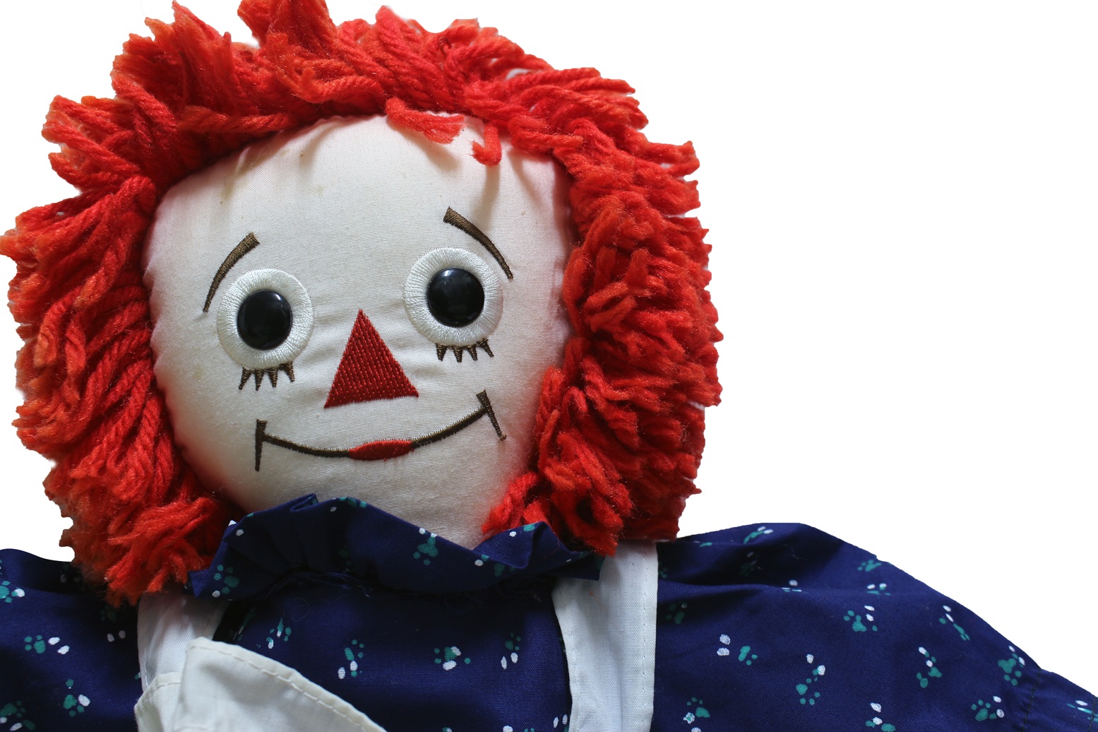 Raggedy Ann doll on white background, Old Time Rag Doll, Ghost mystic doll. Scary horror doll