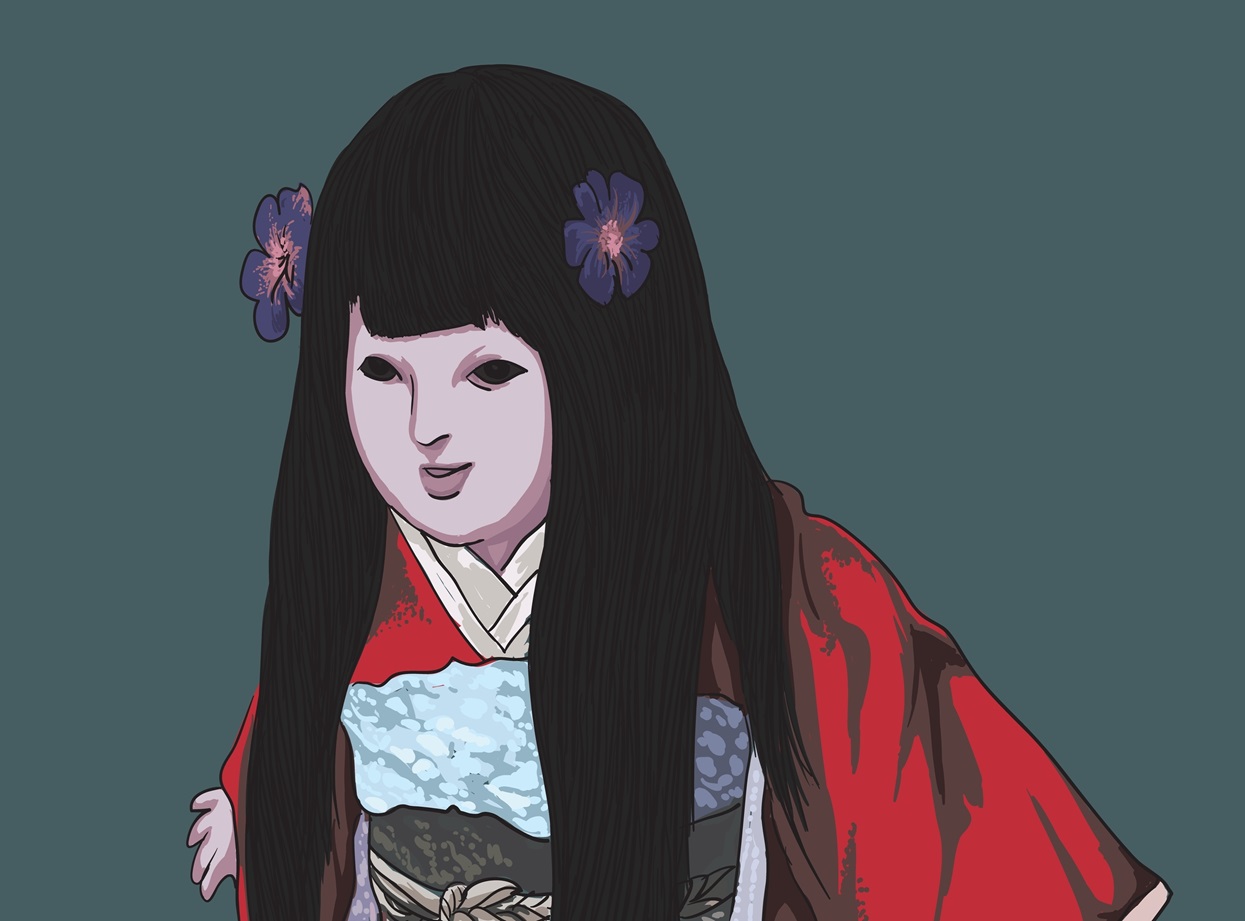 Drawing Japanese okiku doll, antique, creppy,