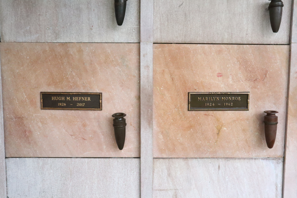 Marilyn Monroe and Hugh Hefner grave in the Westwood Village Memorial Park in Los Angeles