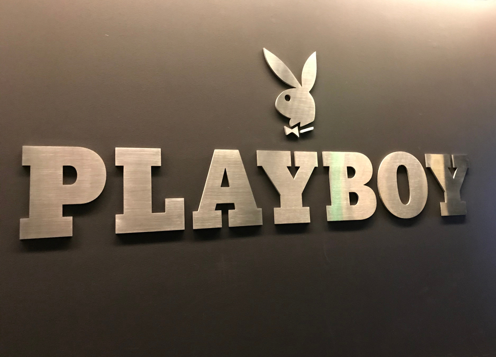 Playboy bunny and logo close up on a wall next to the magazine's Westwood, California headquarters offices - 2019