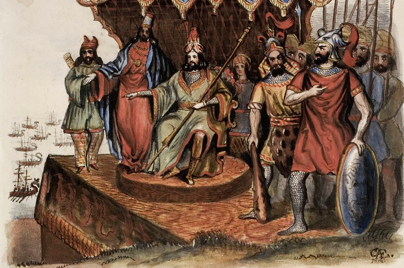 Xerxes I on throne and solders
