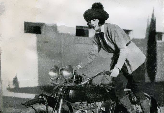 Mabel Normand on her motorcycle