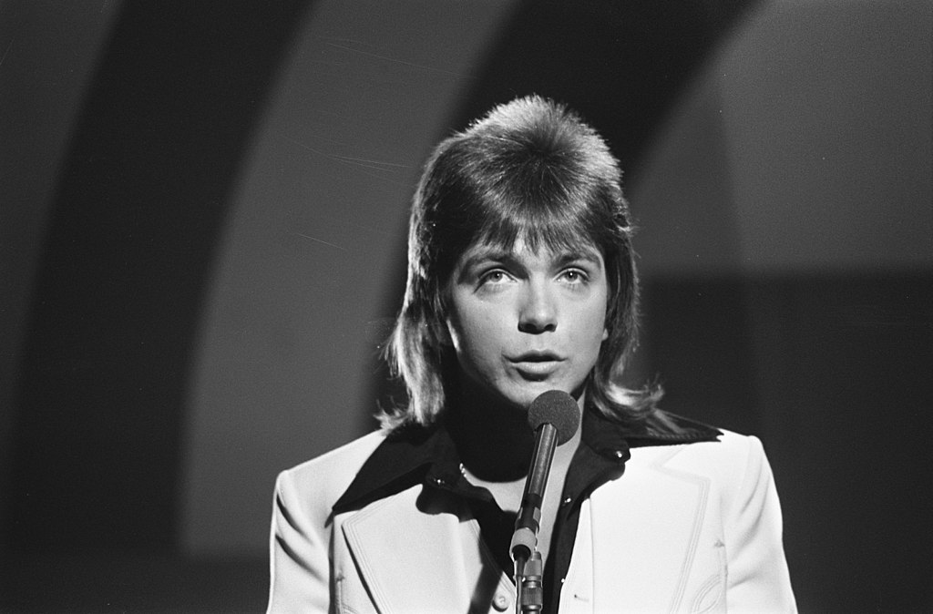Grayscale Portrait Photo of David Cassidy in White Suit