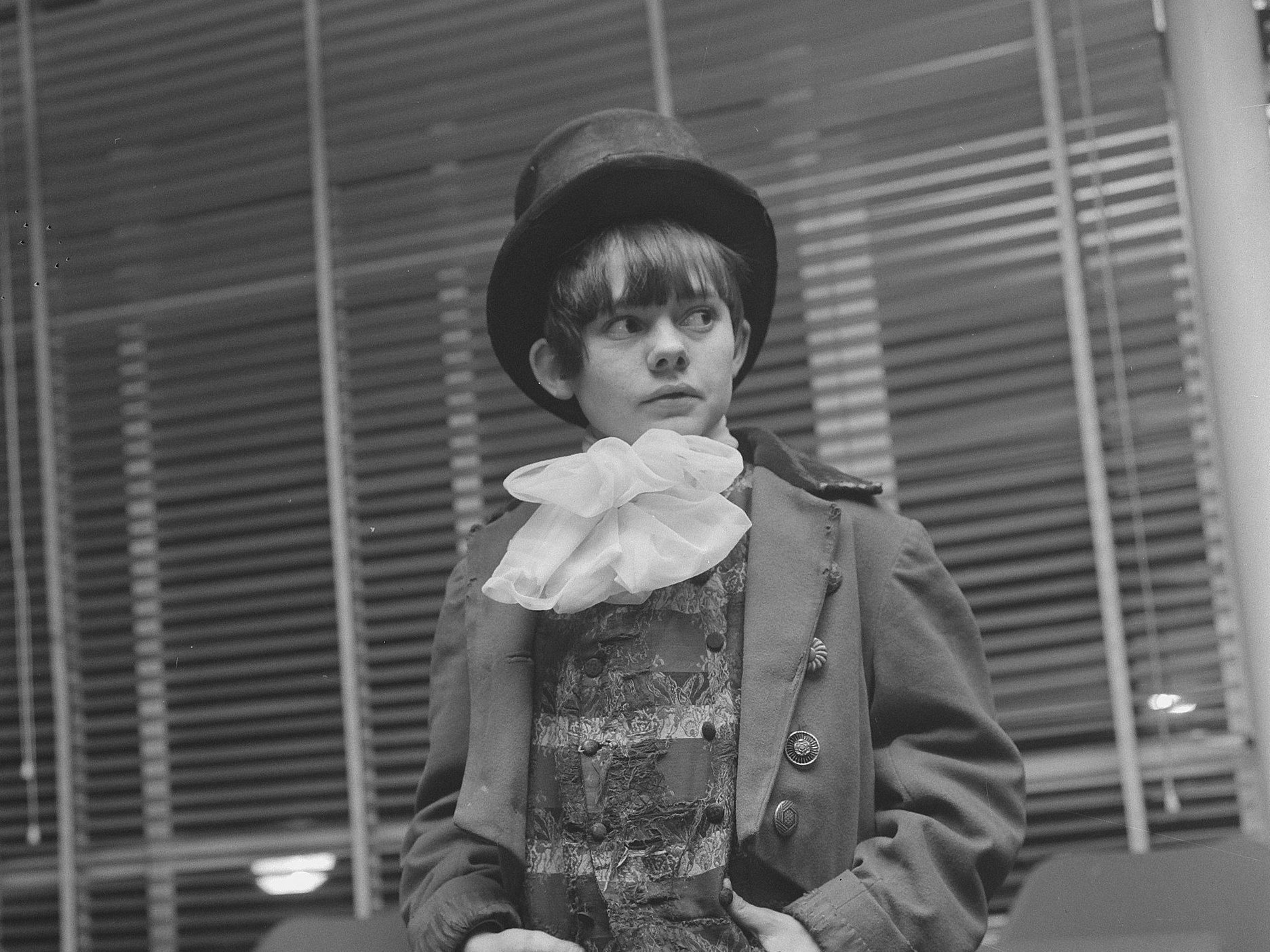 Grayscale Portrait Photo of Jack Wild in The Artful Dodger costume