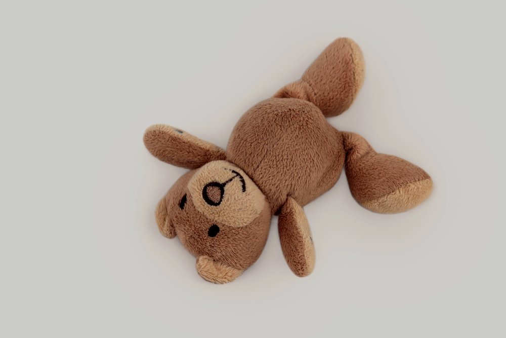 Small brown teddy bear placed on a white surface