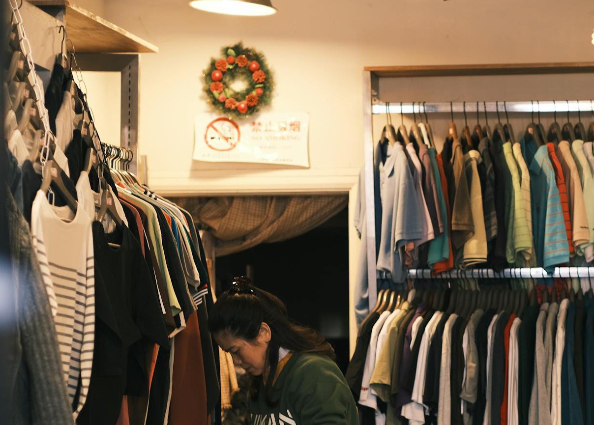 Clothes hanged on a hanger with multiple hooks