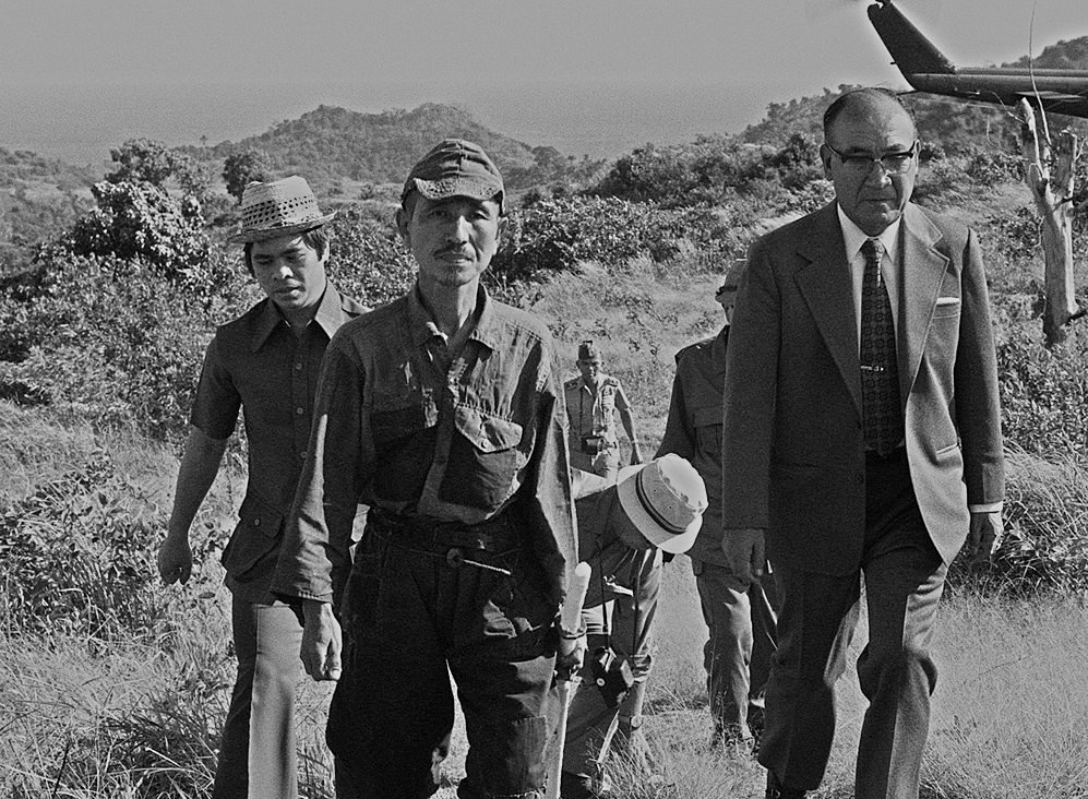 Former Japanese imperial army soldier Hiroo Onoda walking from the jungle where he had hidden since World War II