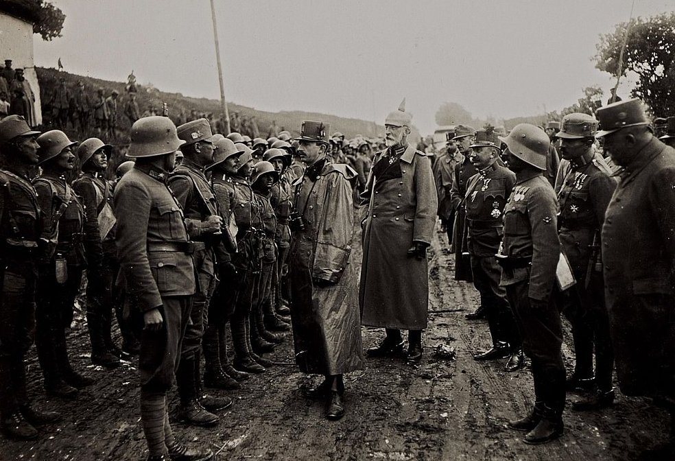 Austrian emperor Charles I speaks to the troops during the counteroffensive, with Felix Graf von Bothmer