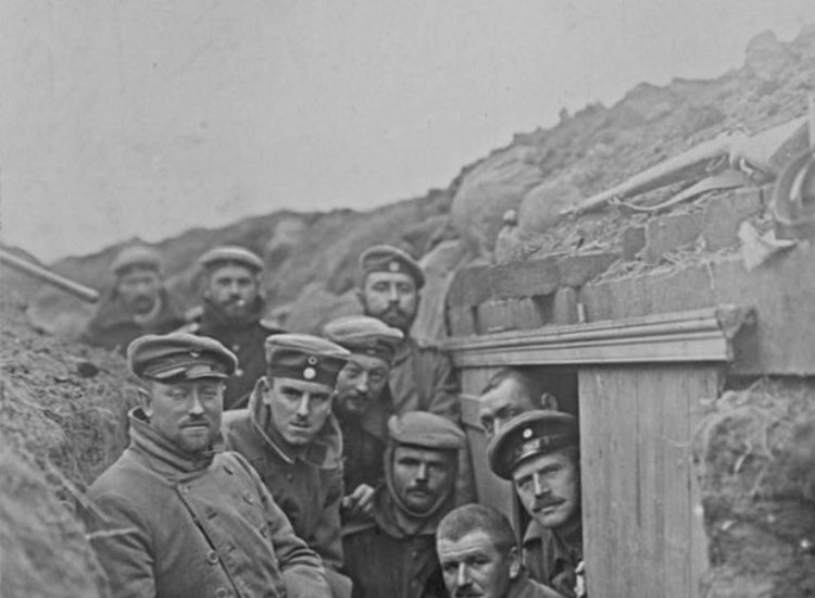 A photo of the German soldiers in a trench at Ypres, Belgium, 1914