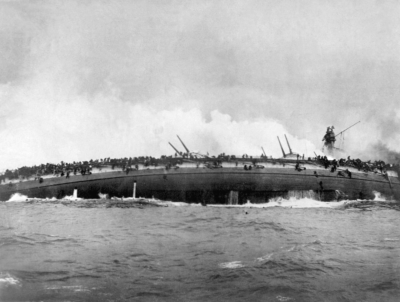 The german armoured cruiser SMS Blücher sinks after receiving multiple hits from British warships at the Battle of Dogger Bank