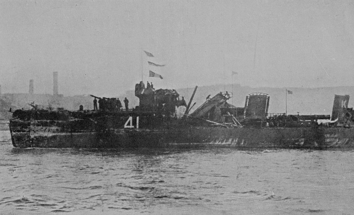 Photograph of British destroyer HMS Spitfire after the Battle of Jutland