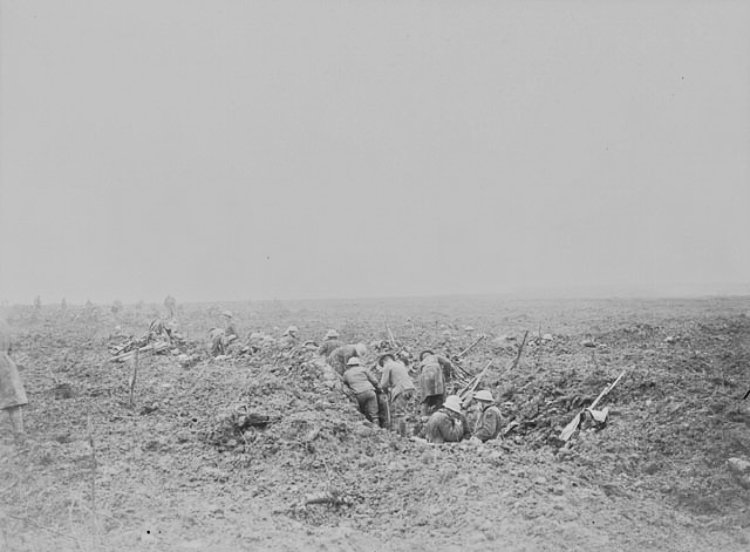 Canadian advanced reserves digging themselves in under shell fire during the Battle of Vimy Ridge