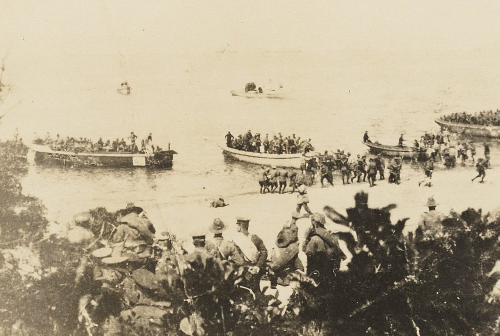 The landing of Australian troops (4th Battalion) at ANZAC Cove, Gallipoli, Turkey