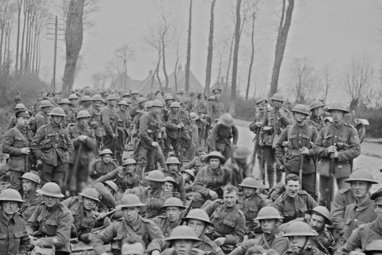 Composite battalion (troops of the Wiltshire, Warwickshire Regiments, Northumberland Fusiliers and others) resting by the roadside