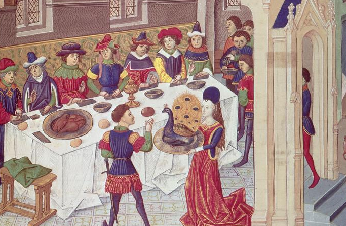 Peacock dressed with its feathers is served at a banquet