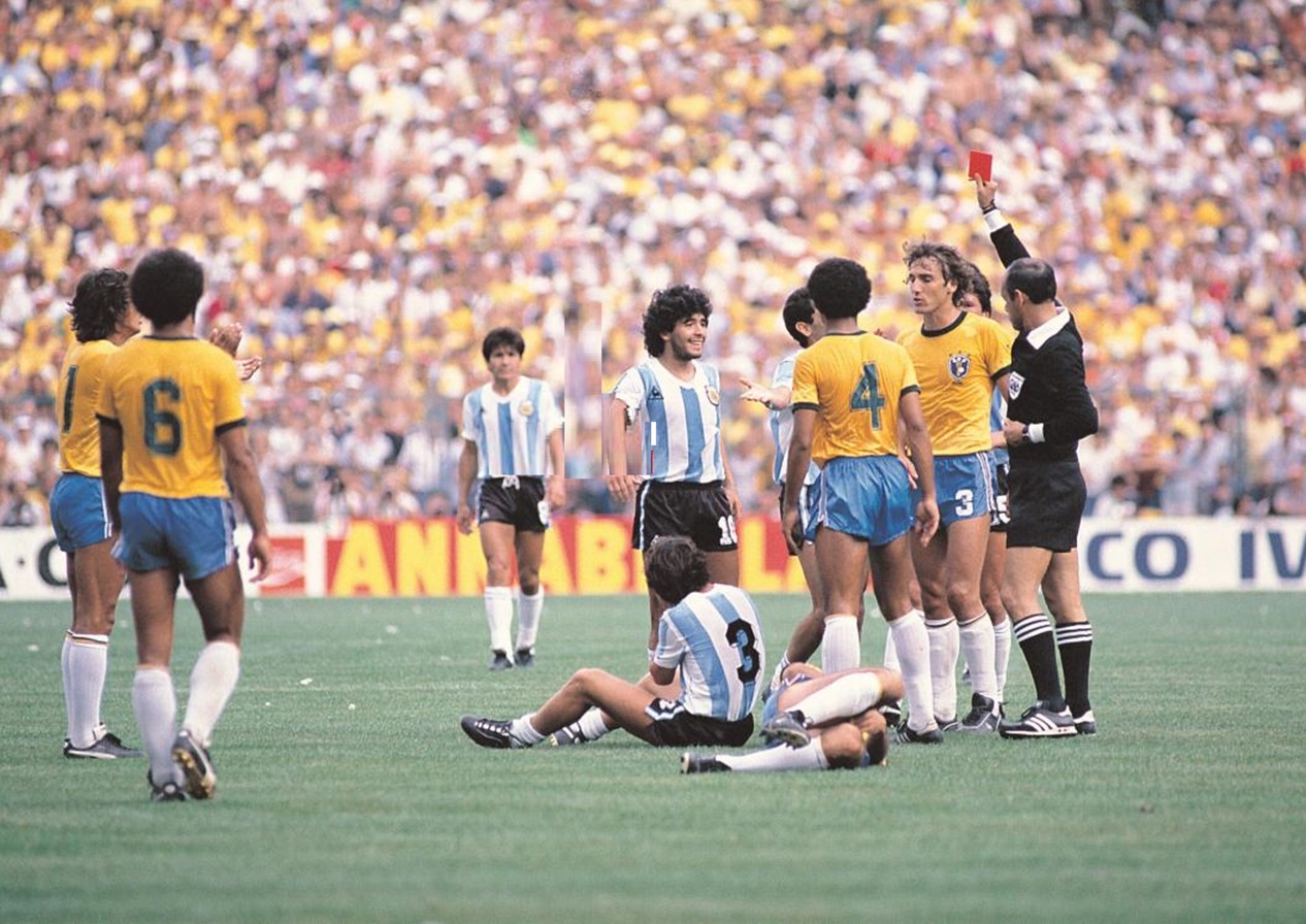 Diego Maradona is being sent-off after a violent foul to Brazilian player Batista - 1982