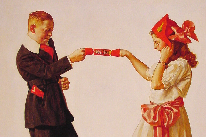 Painting of children pulling a Christmas cracker