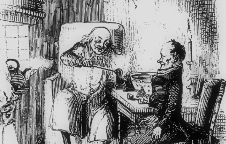 Scrooge and Bob Cratchit celebrate Christmas