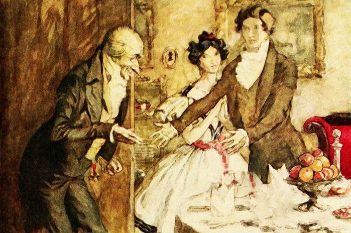 A painting of a man and woman standing at a table