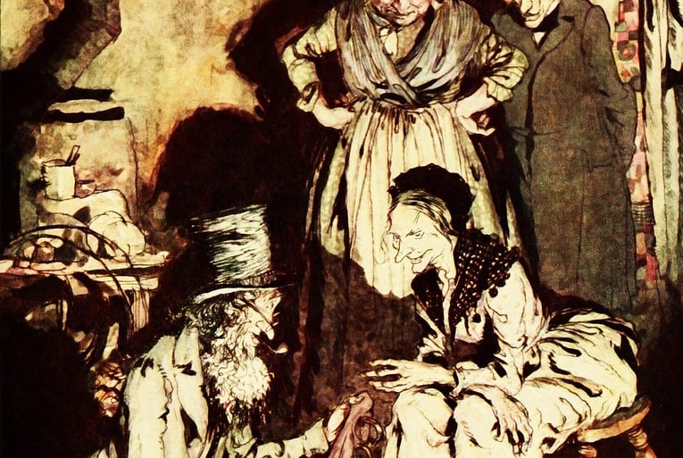 A painting of a family in a room