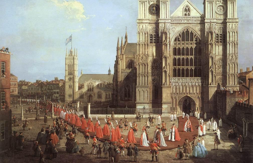 Westminster Abbey with a procession of Knights of the Bath