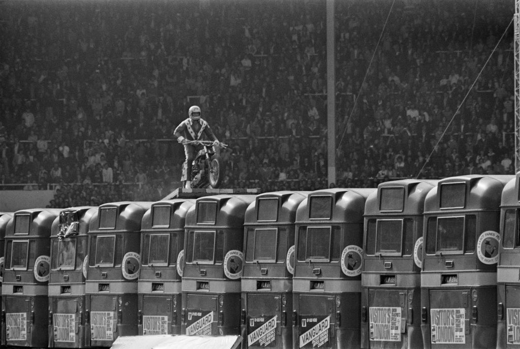 American motorcycle stunt rider Evel Knievel making preliminary checks