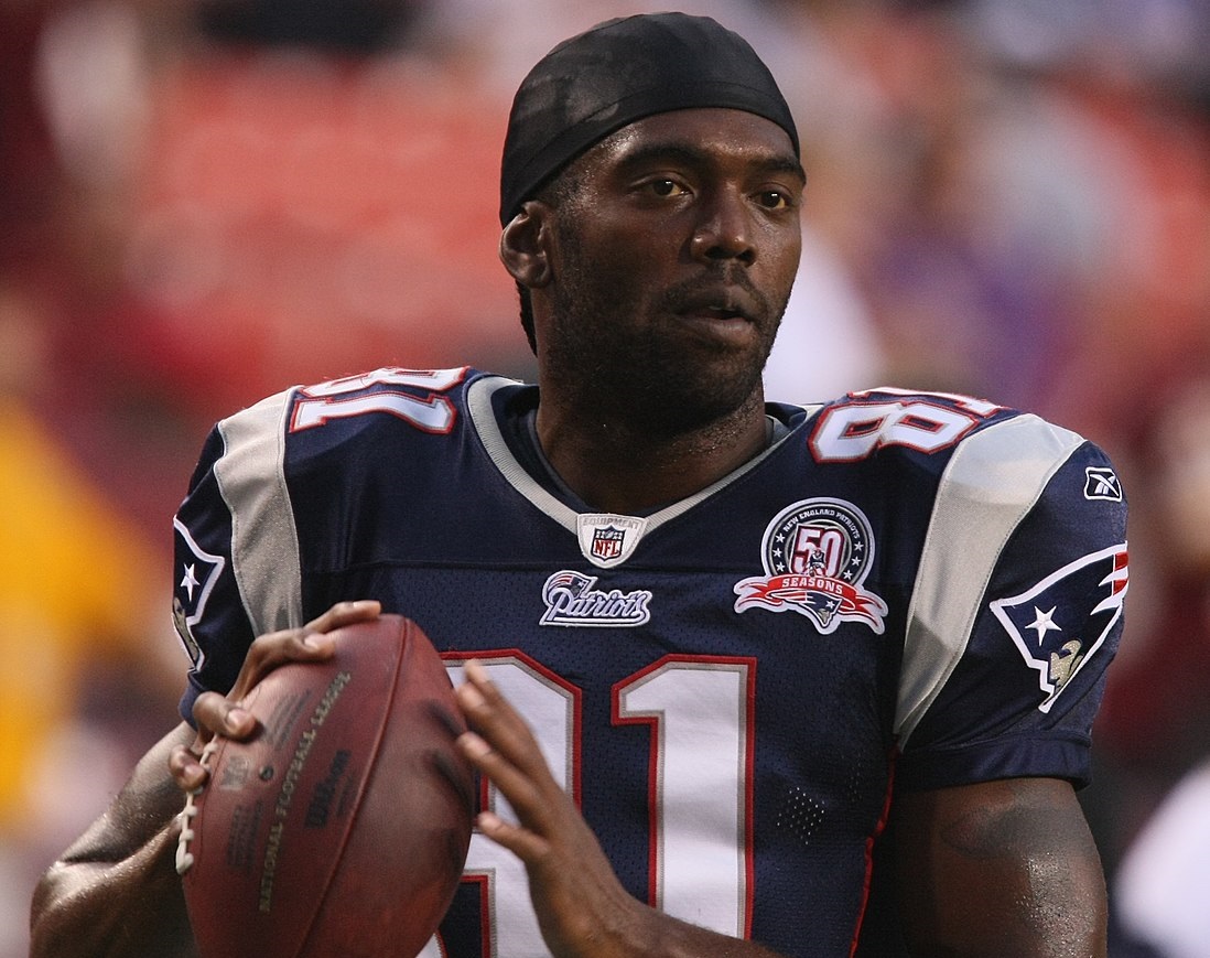 Randy Moss, wide receiver with the New England Patriots during pre-game warm-ups - 2009