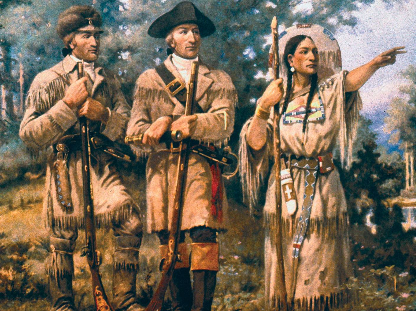 Sacagawea (right) with Lewis and Clark at the Three Forks
