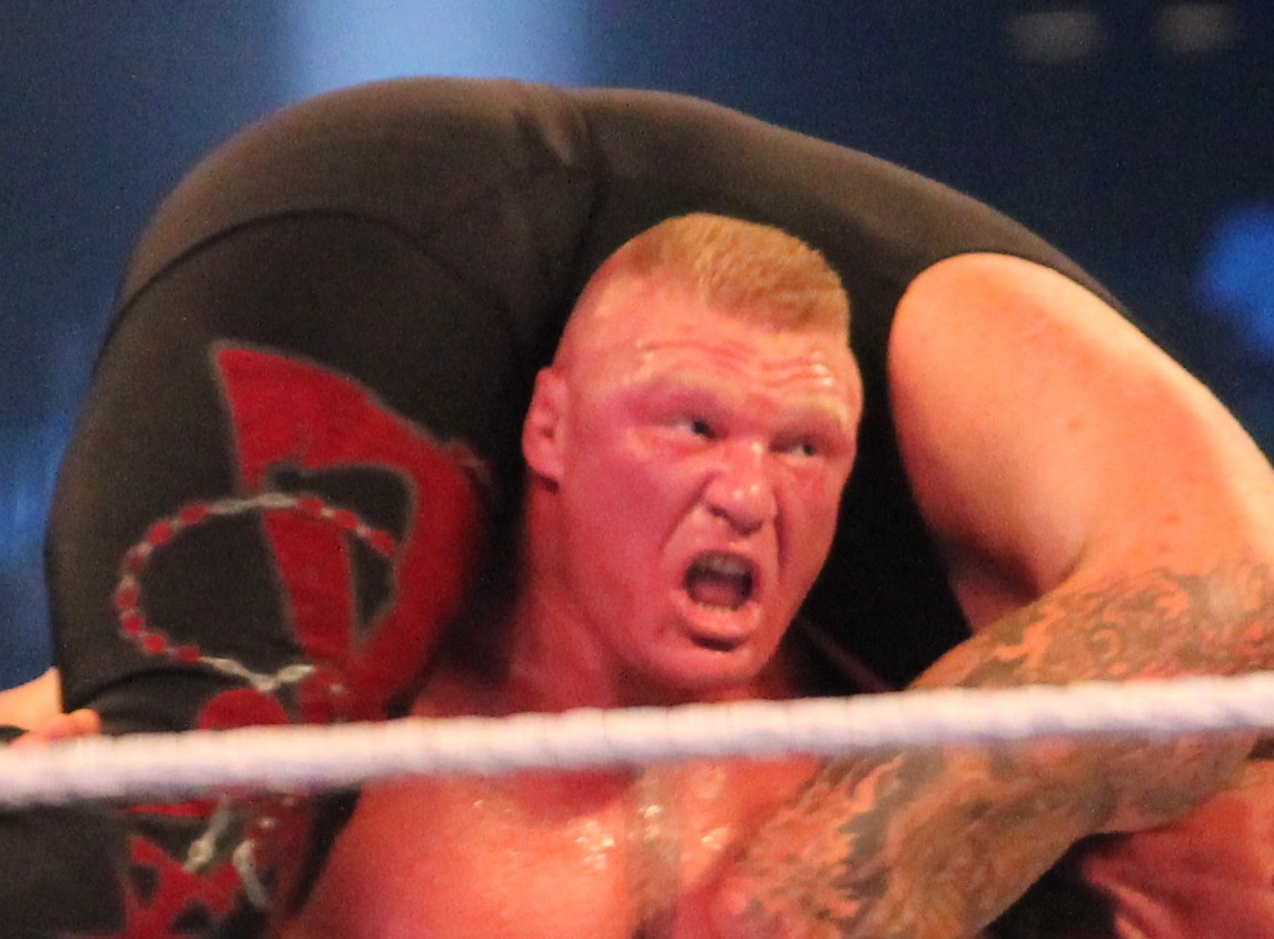 Brock Lesnar prepares to F5 the Undertaker at WrestleMania XXX on 6 April 2014