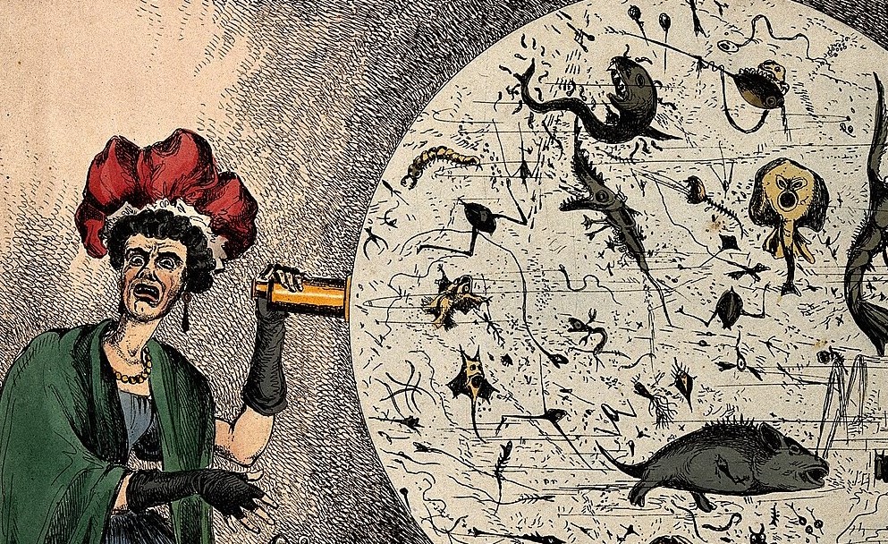 19th century woman viewing a magnified drop of polluted Thames water